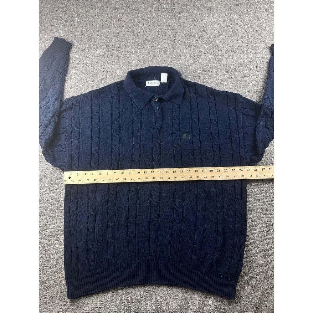Izod Sweater Men XL Blue Cotton Cable Knit 1/4 Button Embroidered Crest Preppy